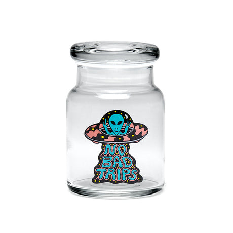 420 Science Pop Top Jar with 'No Bad Trips' design, clear borosilicate glass, front view