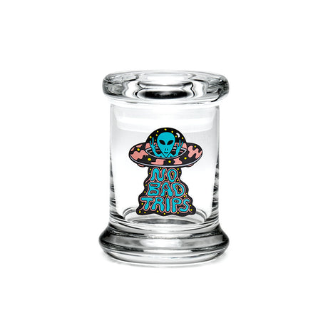 420 Science Pop Top Jar featuring 'No Bad Trips' design, clear borosilicate glass, compact size for storage