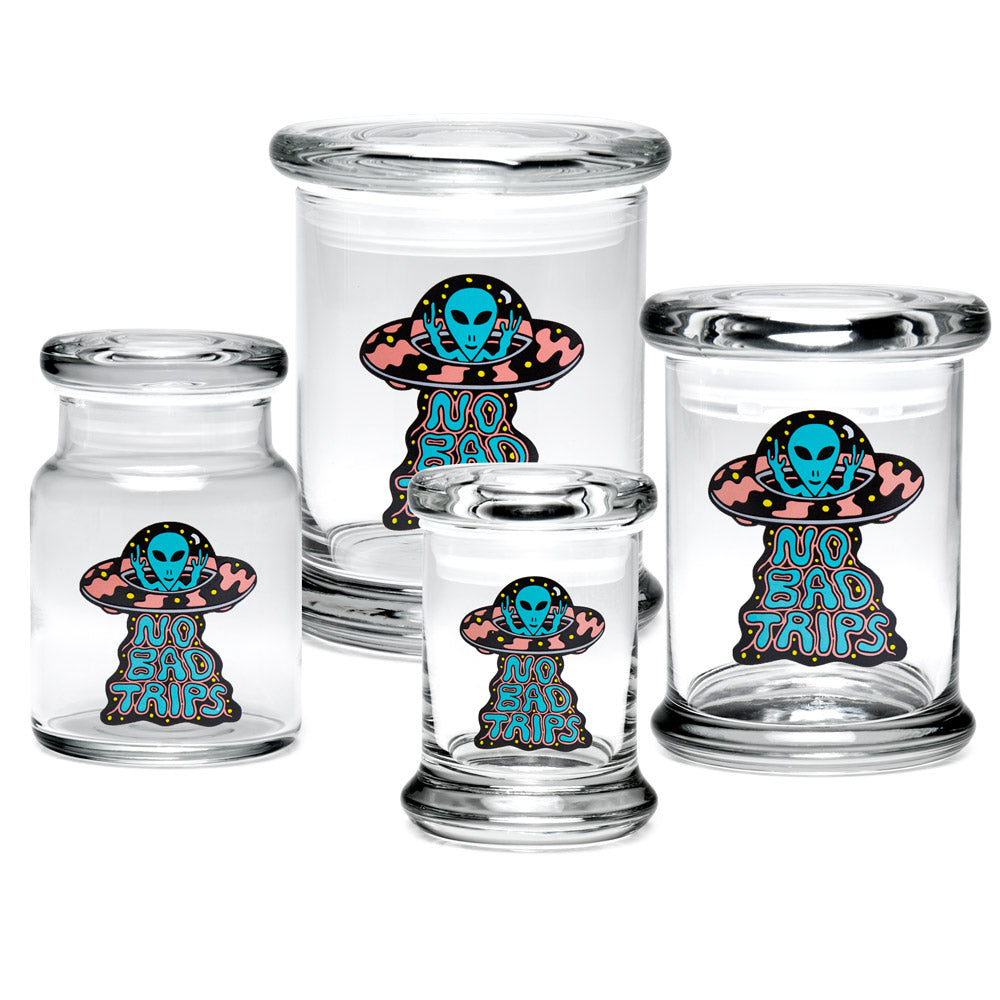 420 Science Pop Top Jars in various sizes with 'No Bad Trips' design, made of clear borosilicate glass