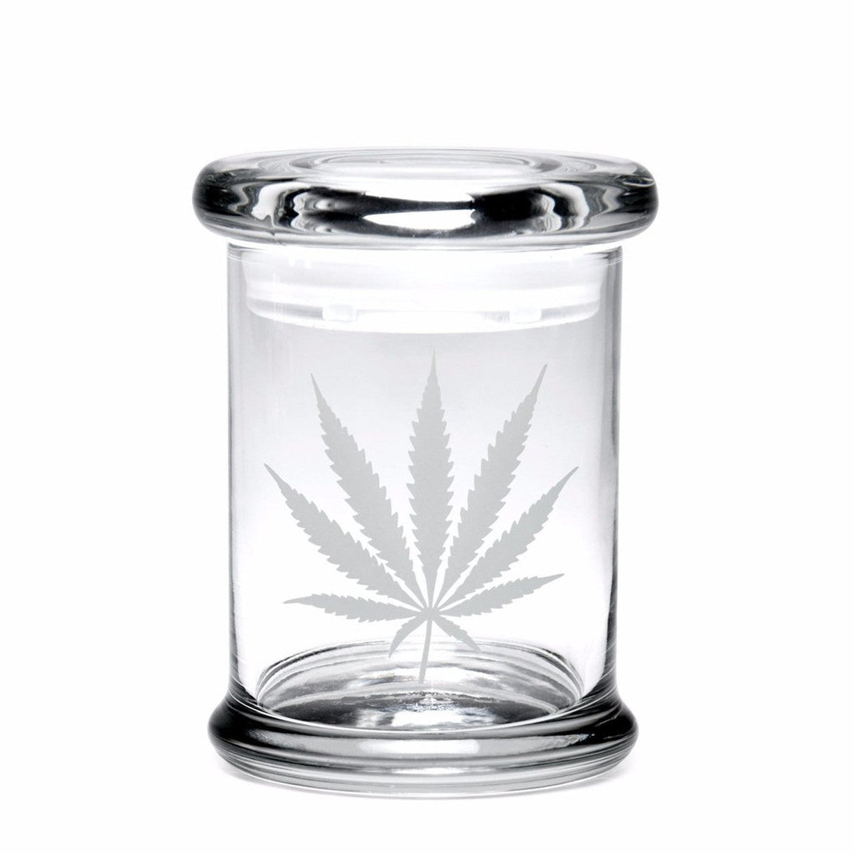 420 Science Pop-Top Jar with Silver Leaf Design, Clear Borosilicate Glass, Front View