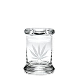 420 Science Pop-Top Jar featuring Silver Leaf design, clear borosilicate glass, front view