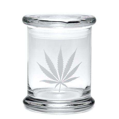 420 Science Pop-Top Jar with Silver Leaf design, compact borosilicate glass stash jar, front view
