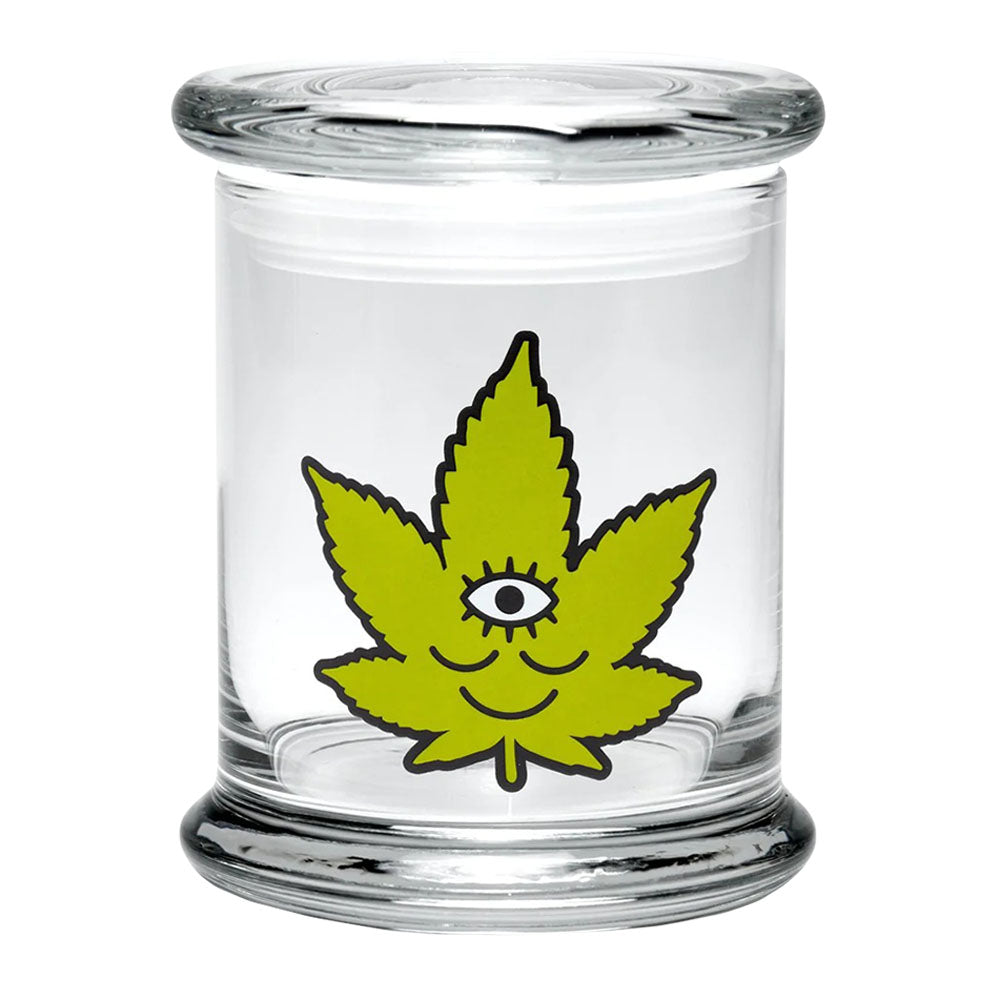 420 Science Pop Top Jar with Toke Face design, clear borosilicate glass, front view