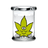 420 Science Pop Top Jar featuring Toke Face design, clear borosilicate glass, portable size, front view