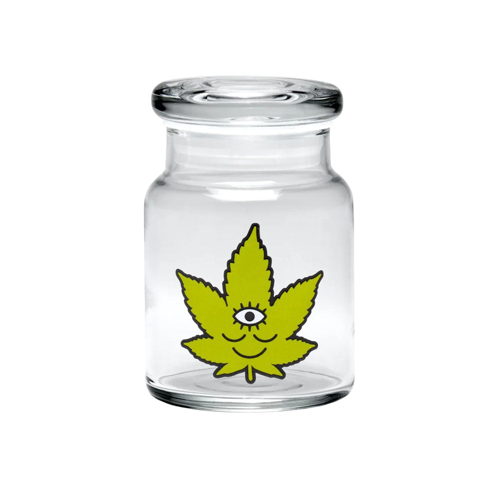 420 Science Pop Top Jar featuring Toke Face design, clear borosilicate glass, front view