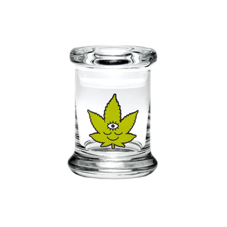 420 Science Pop Top Jar with Toke Face design, clear borosilicate glass, portable stash storage