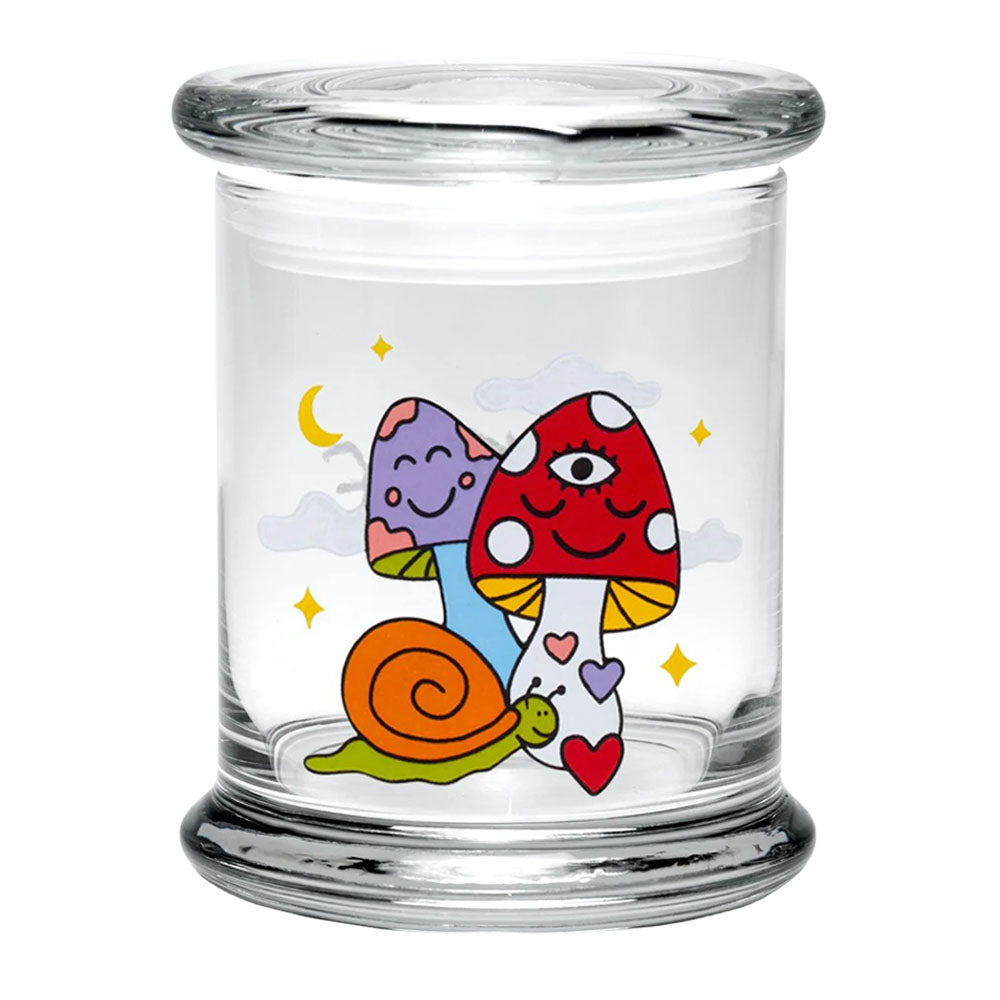 420 Science Pop Top Jar, 1/2 Ounce, with vibrant Cosmic Mushroom design, compact and portable, clear view