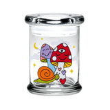 420 Science Pop Top Jar, 1/3 oz, with vibrant Cosmic Mushroom design, compact borosilicate glass, front view