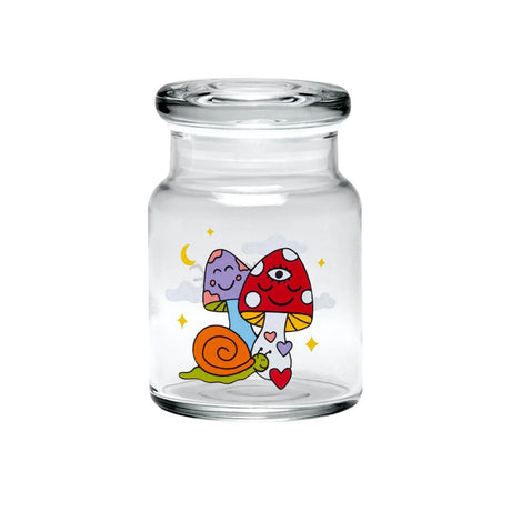 420 Science Pop Top Jar featuring Woke Cosmic Mushroom design, clear borosilicate glass, front view