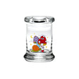 420 Science Pop Top Jar featuring Woke Cosmic Mushroom design, clear borosilicate glass, front view