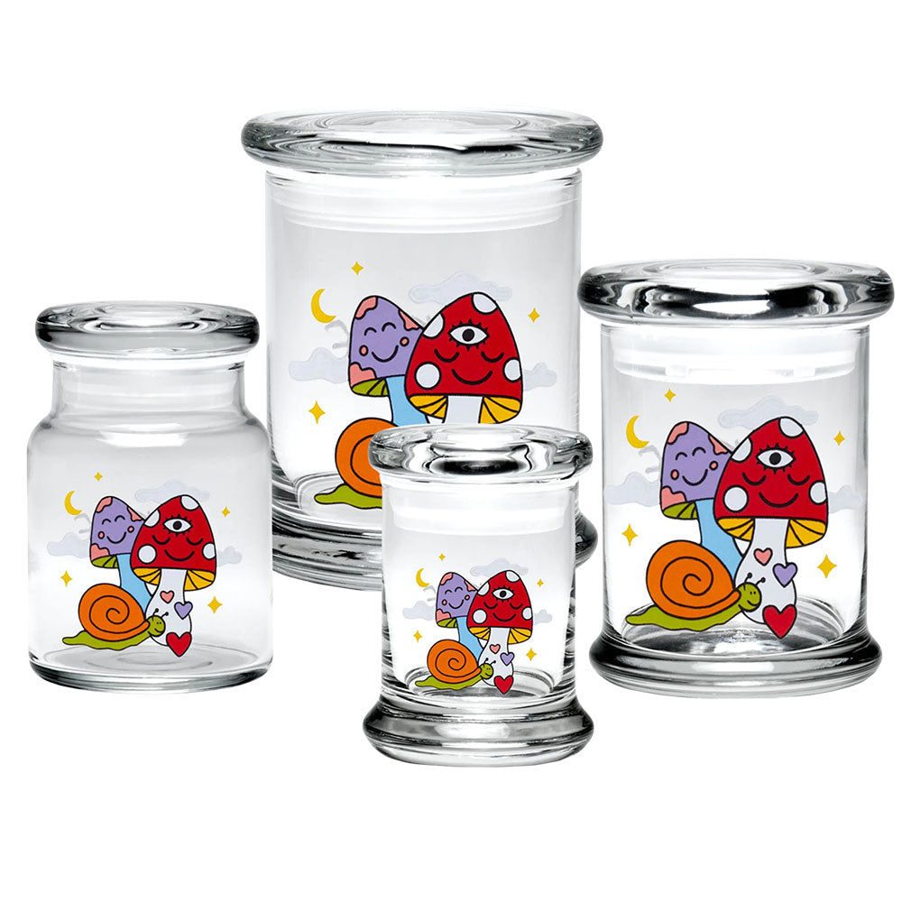 420 Science Pop Top Jars in various sizes with Cosmic Mushroom design, clear borosilicate glass