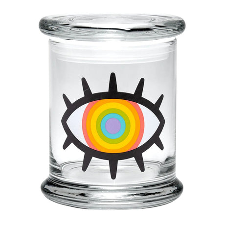 420 Science Pop Top Jar with vibrant Woke Rainbow Eye design, portable glass stash jar for dry herbs