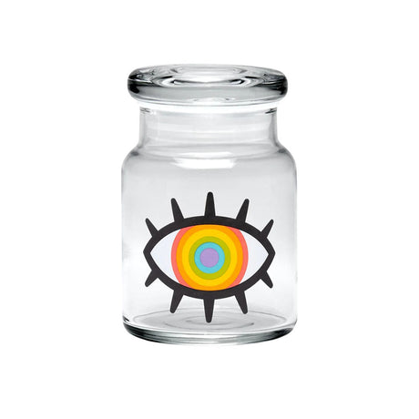 420 Science Pop Top Jar with Woke Rainbow Eye Design, Compact and Closable, Front View