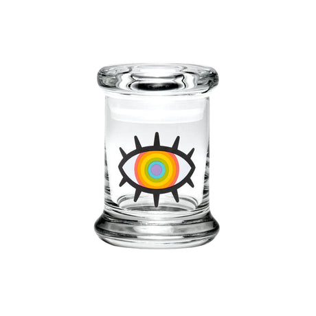 420 Science Pop Top Jar featuring a Woke Rainbow Eye design, clear glass, compact, front view