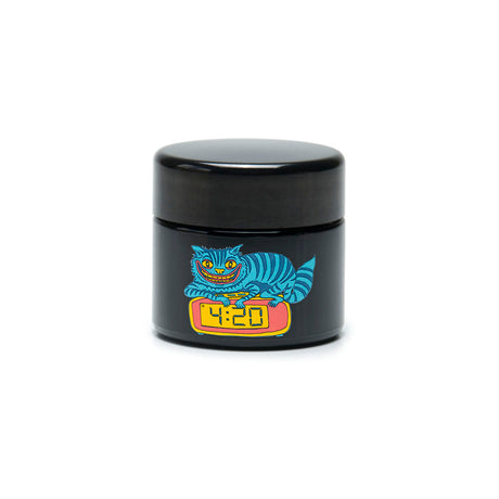 420 Science UV Screw Top Jar with 420 Cat Design, Compact Black Borosilicate Glass, Front View