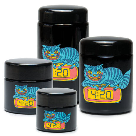 420 Science UV Screw Top Jars featuring 420 Cat design in various sizes, black borosilicate glass, front view