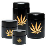 420 Science UV Screw Top Jars in various sizes with gold leaf design, airtight and UV-resistant