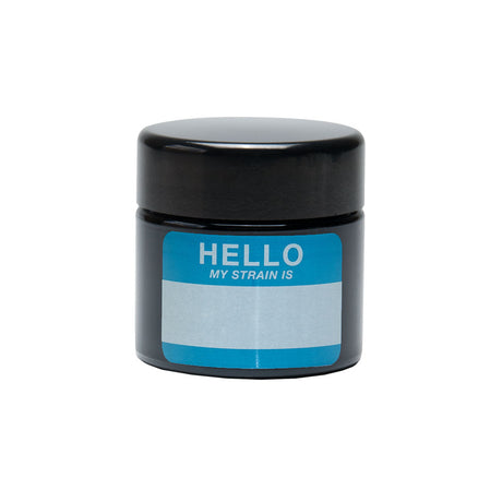 420 Science UV Screw Top Jar, black with 'Hello My Strain Is' label, front view, portable stash storage
