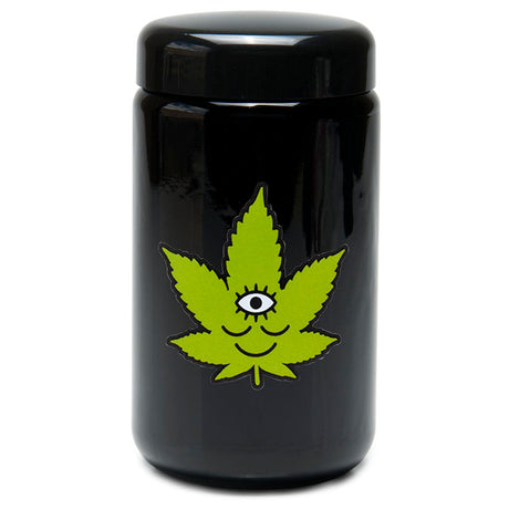 420 Science UV Screw Top Jar in black with Toke Face design, portable stash storage for herbs