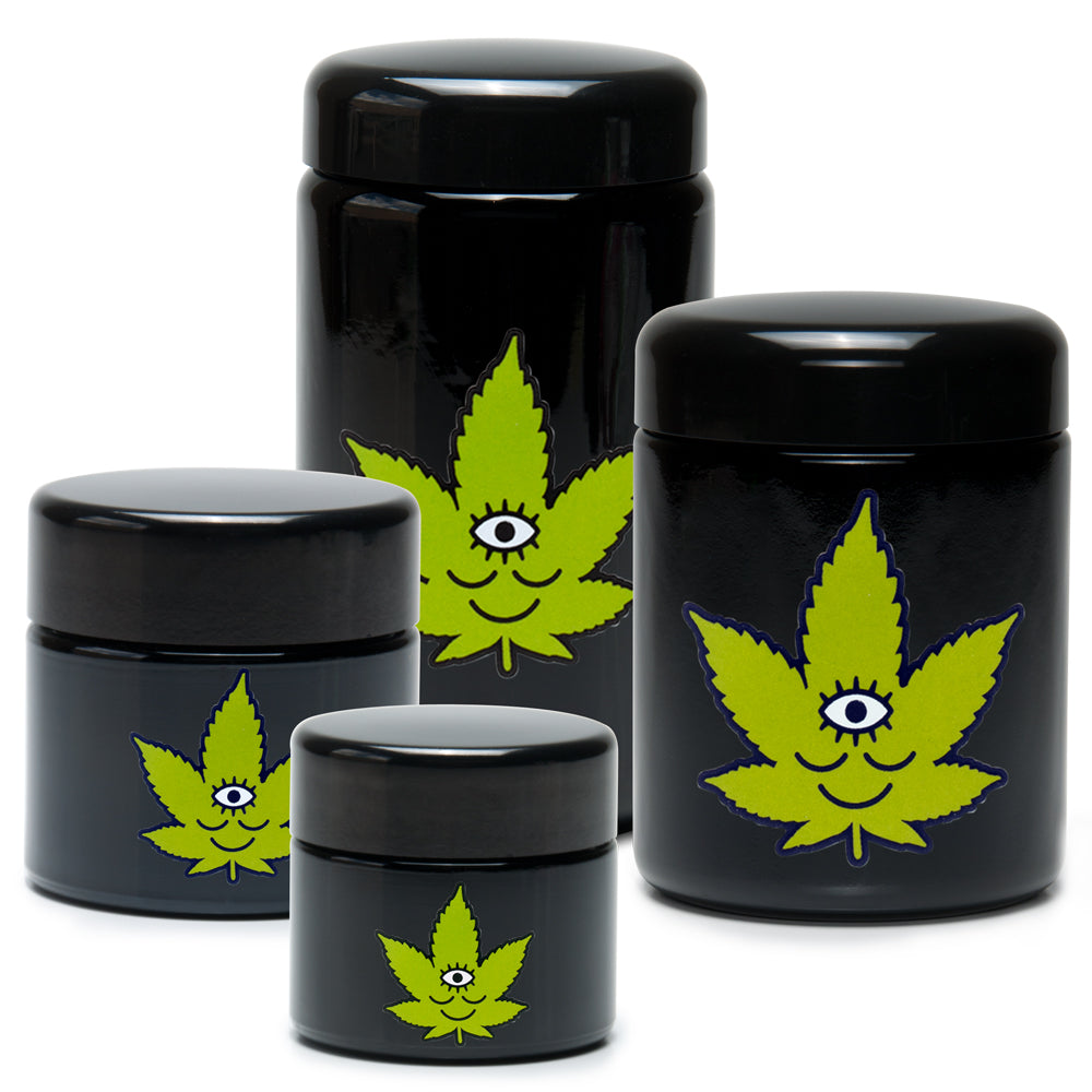 420 Science UV Screw Top Jars with Toke Face design in various sizes, portable and airtight