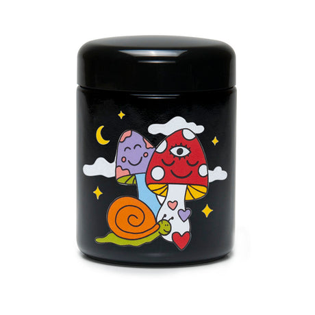 420 Science UV Jar with Cosmic Mushroom design, portable black glass stash jar for dry herbs, front view.
