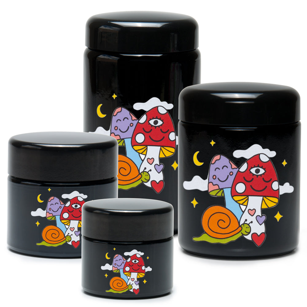 420 Science UV Screw Top Jars in various sizes with Cosmic Mushroom design, compact and portable