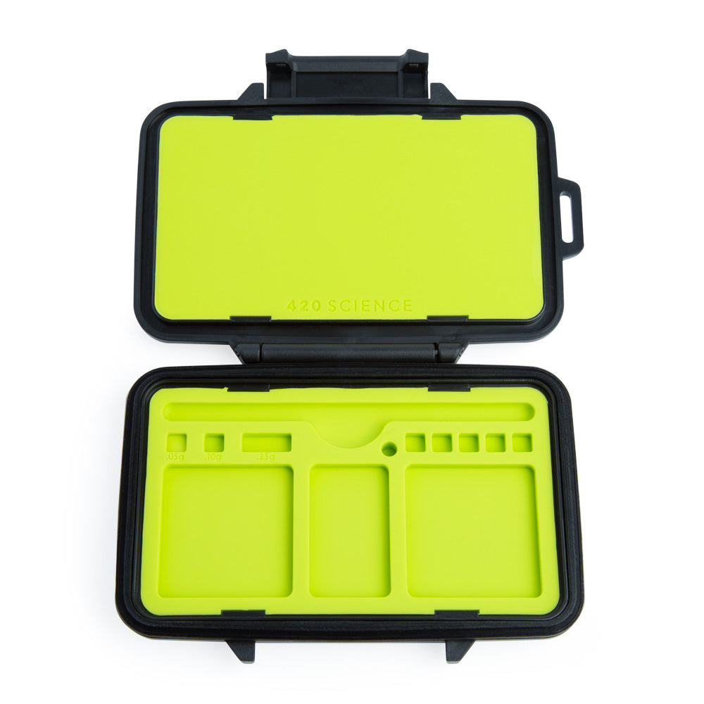 420 Science Wax Wallet XL open view, showcasing its hard plastic exterior and green silicone interior for concentrates.