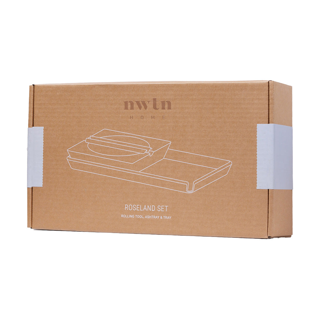 NWTN Home Roseland Set packaging, front view showing the ashtray illustration on the box