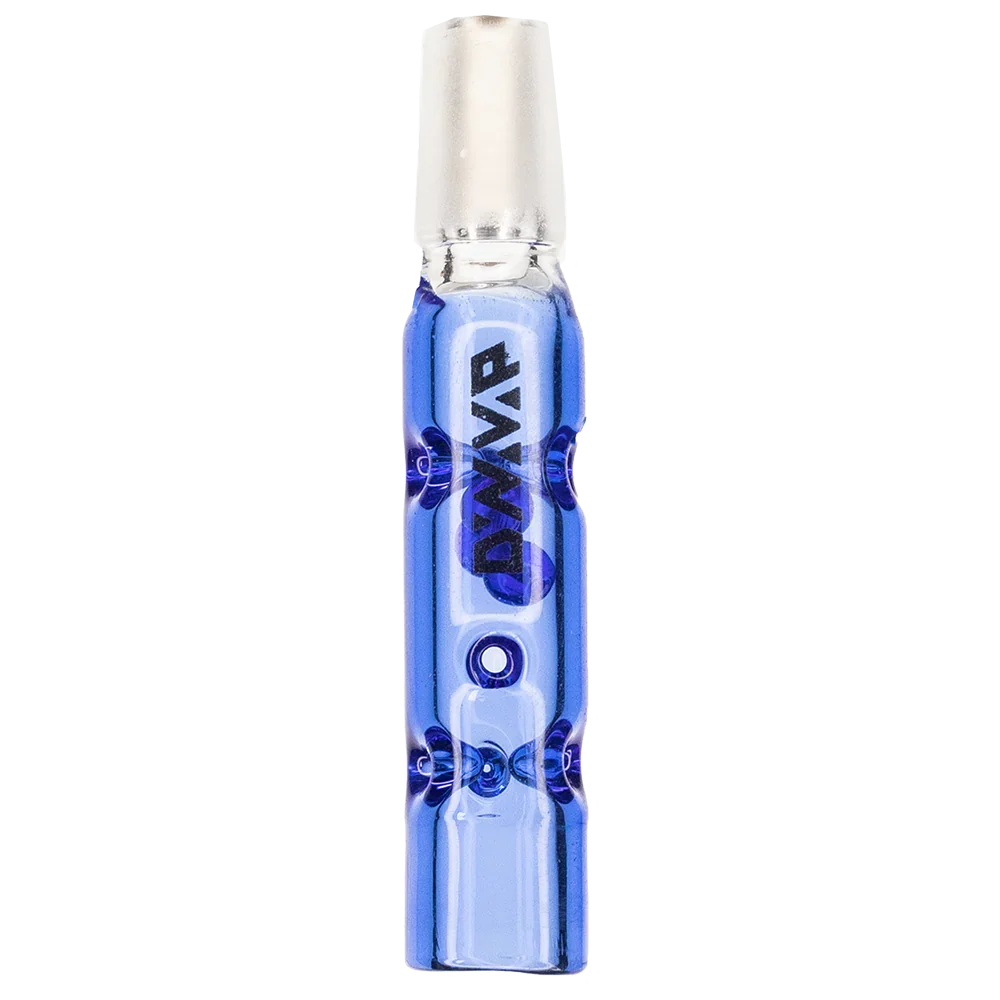DynaVap BB3 glass stem midsection in Blue, shown from the front with the blue glass beads visible inside.
