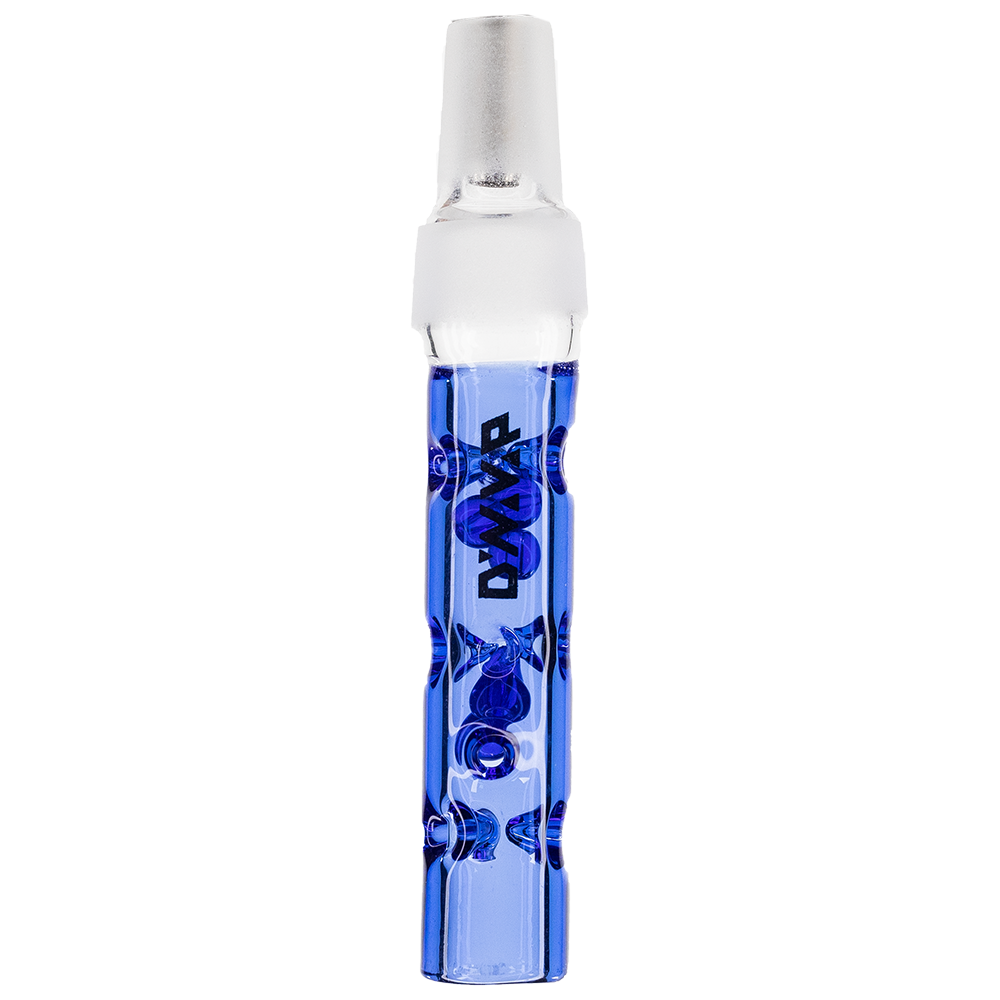 DynaVap BB6 Midsection vaporizer part in blue, clear glass with condenser, front view