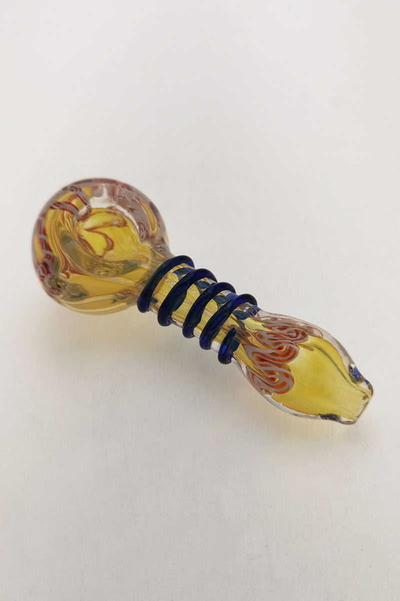 Thick Ass Glass 4.25" Spoon Pipe with Ribbon & Rod Wrap, Left Side Carb Hole, for Dry Herbs