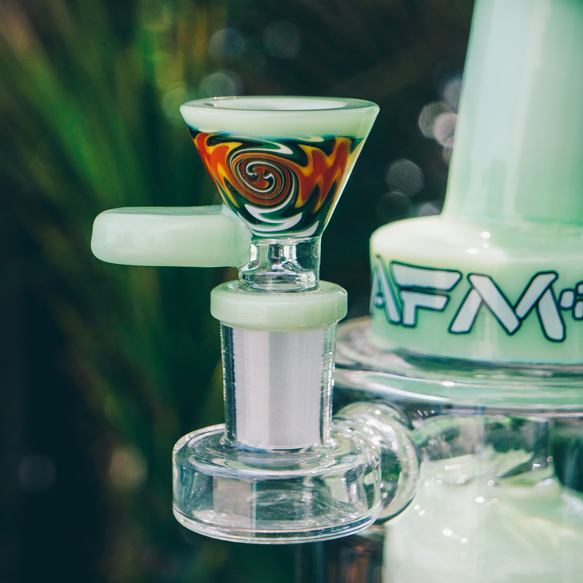 AFM Lucky Goat Rasta Vortex Glass Bowl, 14mm Female Joint, Borosilicate, Close-up Side View