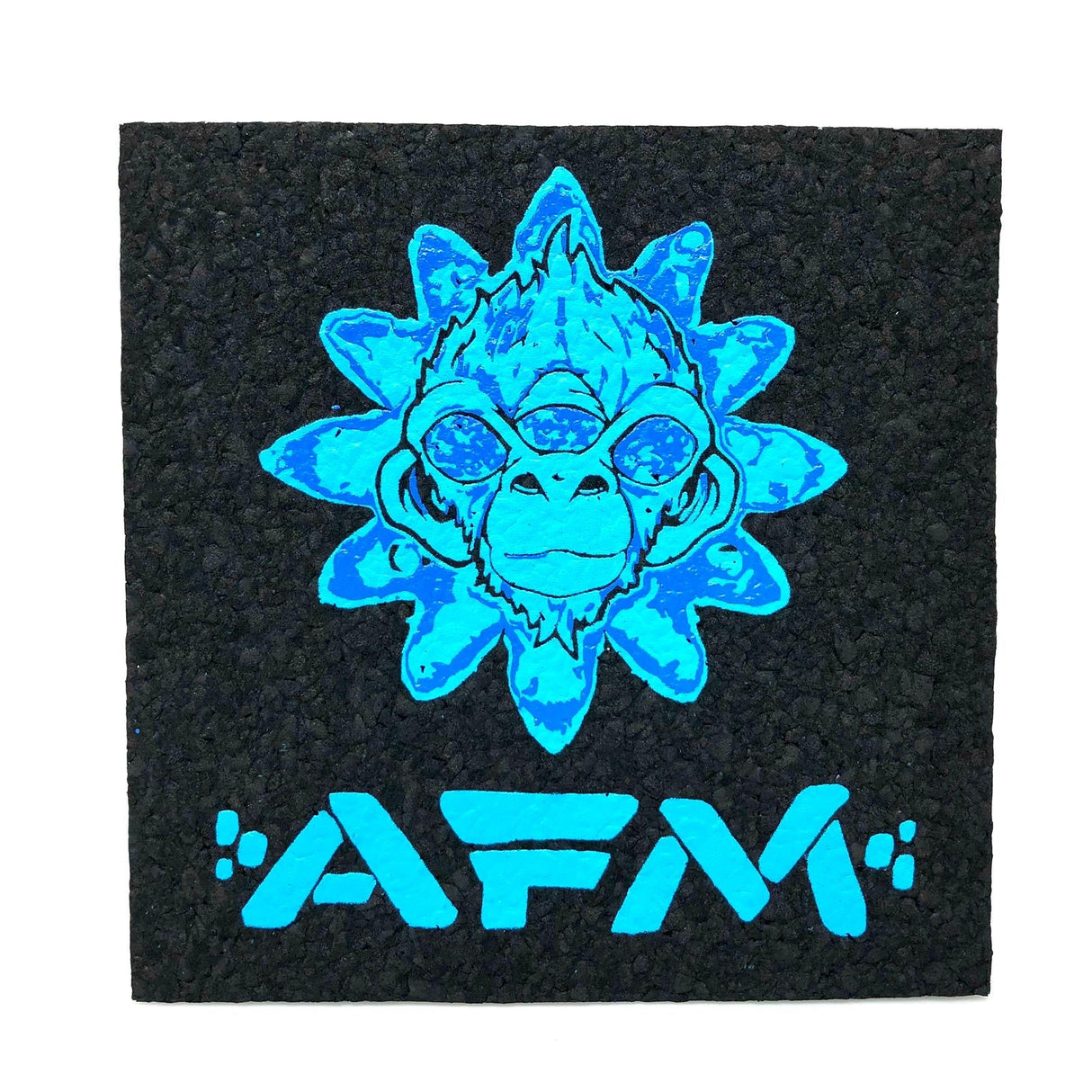 AFM Mood Mat with vibrant blue monkey design for bong stabilization and protection, top view