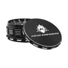Kozo 4 inch four-piece anodized aluminum grinder in black, lid tilted open beside the toothed grinding chamber