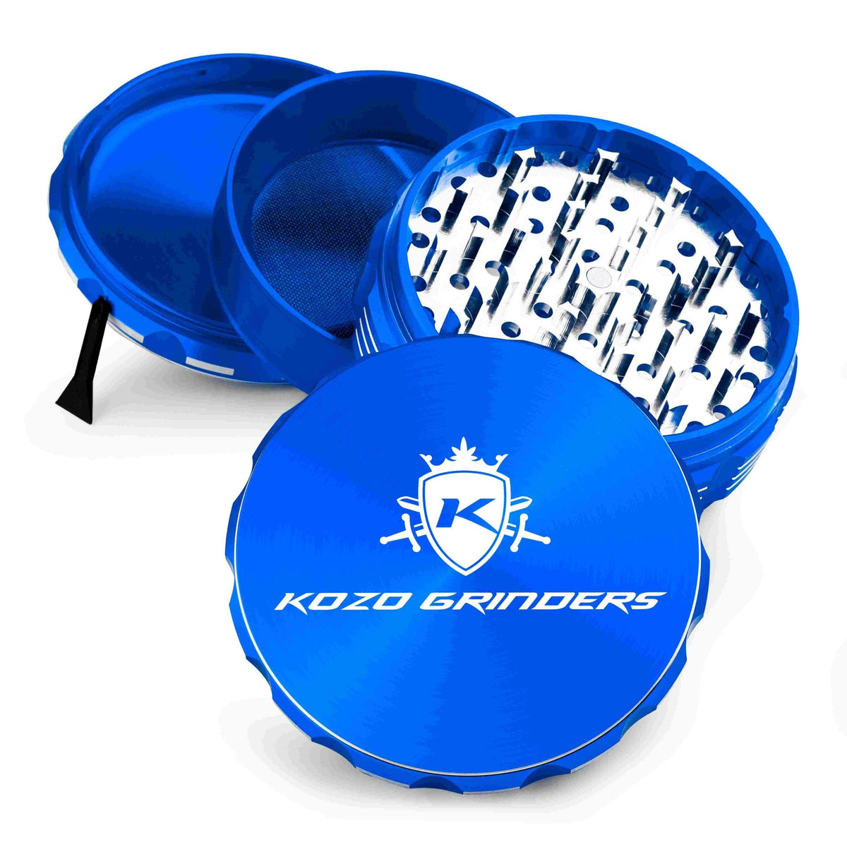 Kozo 4 inch four-piece anodized aluminum grinder in blue, split into four pieces with the pollen scraper