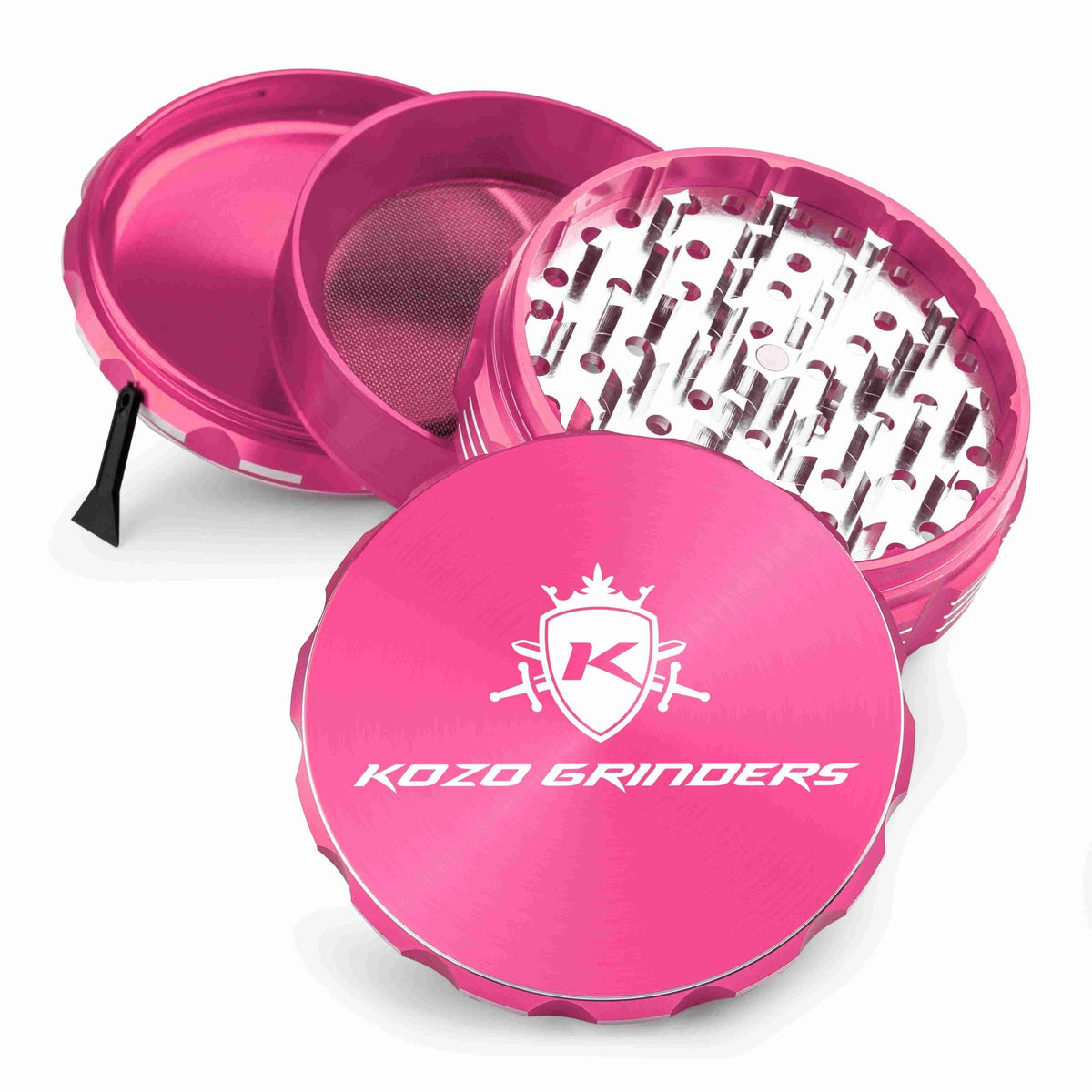 Kozo 4 inch four-piece anodized aluminum grinder in pink, split into four pieces with the pollen scraper