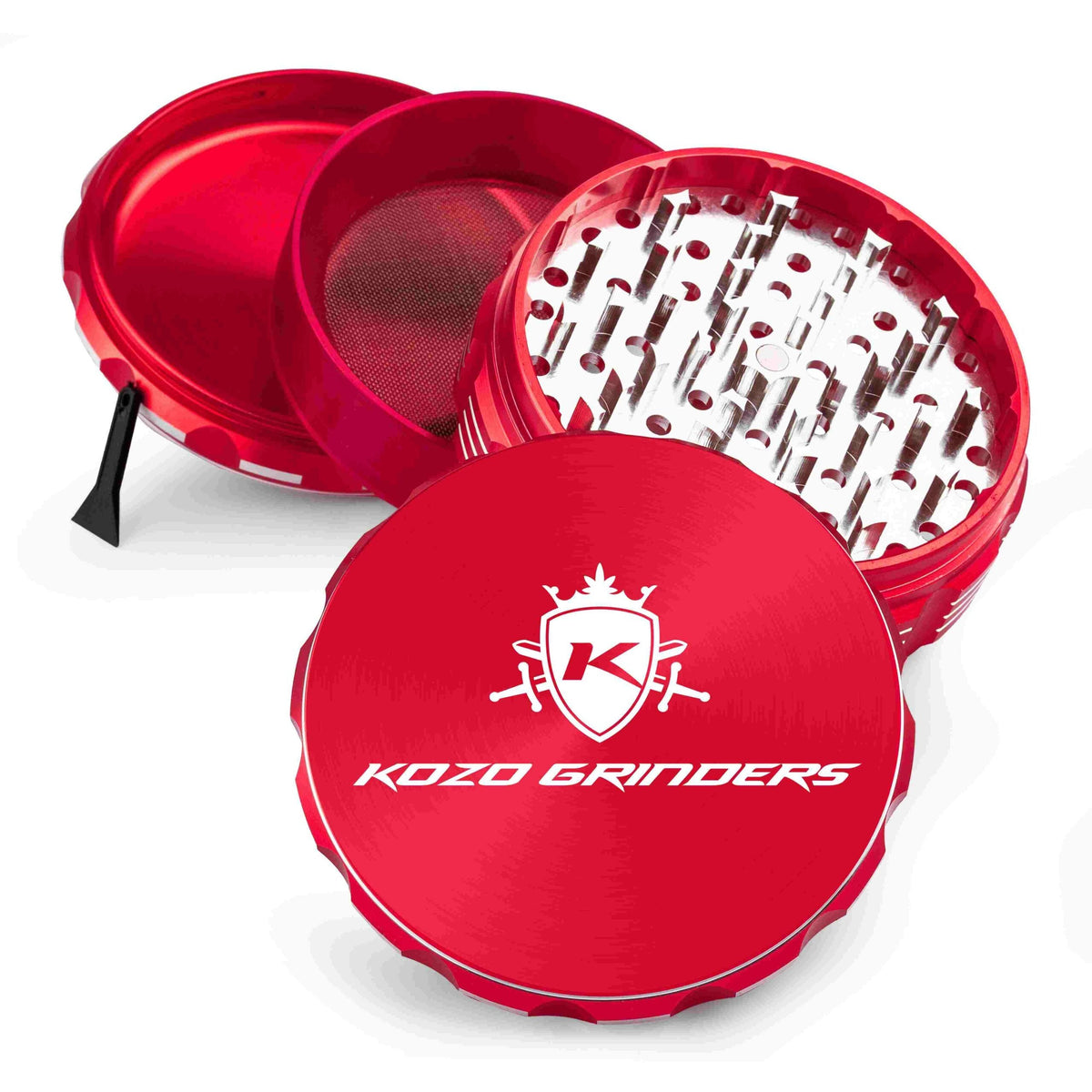 Kozo 4 inch four-piece anodized aluminum grinder in red, split into four pieces with the pollen scraper