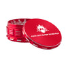Kozo 4 inch four-piece anodized aluminum grinder in red, lid tilted open beside the toothed grinding chamber