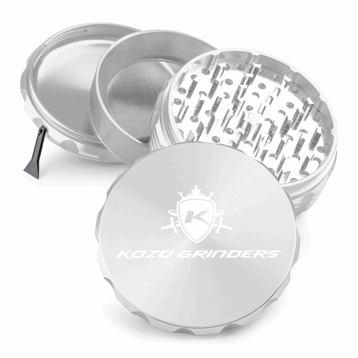 Kozo 4 inch four-piece anodized aluminum grinder in silver, split into four pieces with the pollen scraper