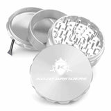 Kozo 4 inch four-piece anodized aluminum grinder in silver, split into four pieces with the pollen scraper