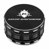 Kozo 4 inch four-piece anodized aluminum grinder in black, closed front view of the body with the Kozo logo lid