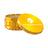 Kozo 4 inch four-piece anodized aluminum grinder in gold, lid tilted open beside the toothed grinding chamber