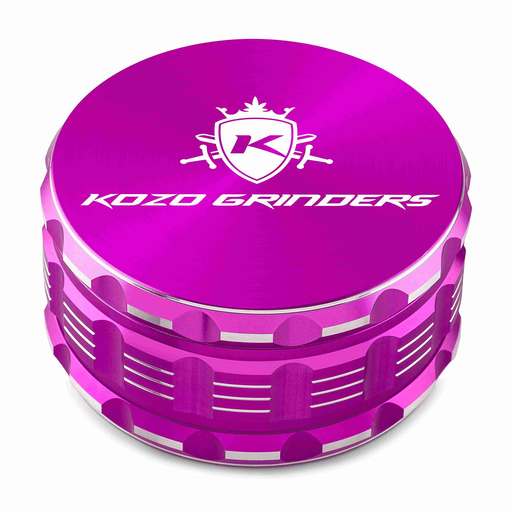 Kozo 4 inch four-piece anodized aluminum grinder in purple, closed front view of the body with the Kozo logo lid