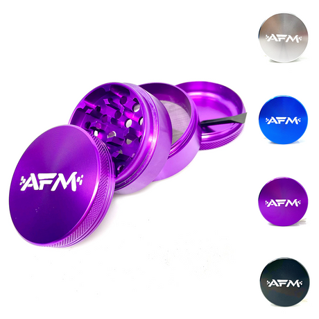 AFM 4-Piece Aluminum Herb Grinder in Purple, Open View with Scraper Tool