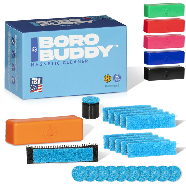 BoroBuddy™ Magnetic Cleaner set by Snowtree with colorful sponges and brush, front view on white background