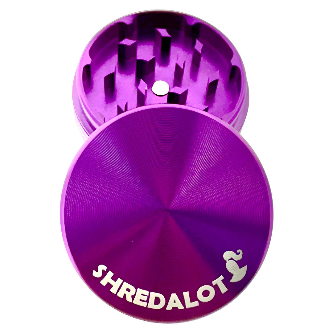 Sir Shredalot 2-part Grinder in Vibrant Purple - Top and Inside View on White Background