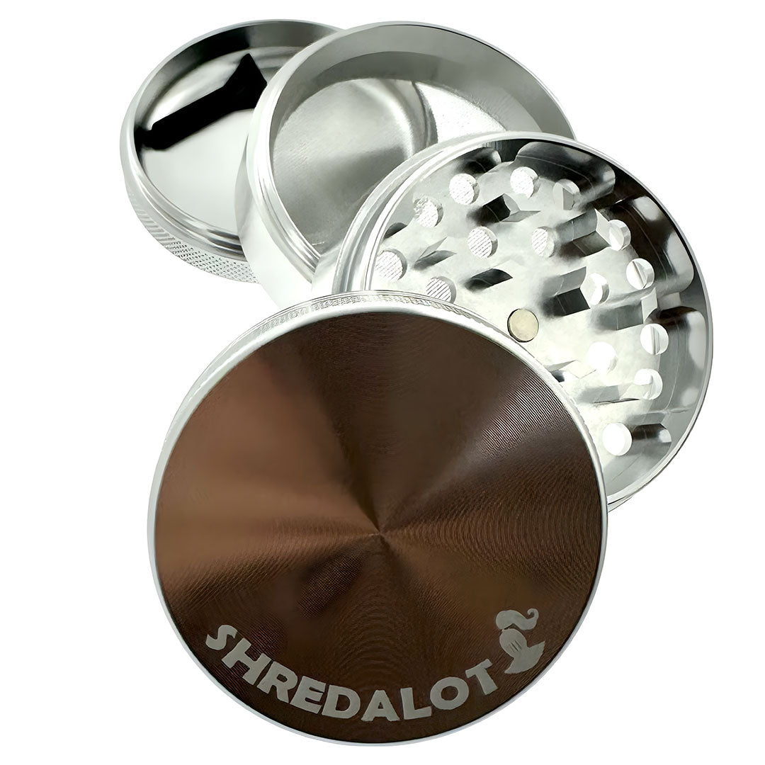 Sir Shredalot 4-part Grinder 63mm in Silver - Top and Inside View with Sharp Teeth