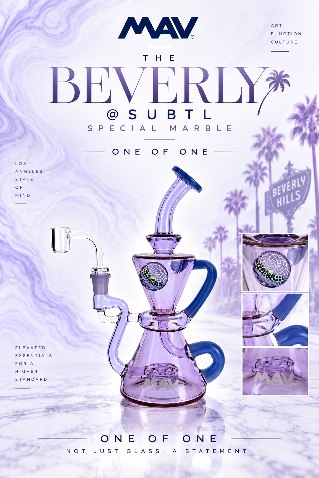 MAV Glass Beverly SUBTL x BELSAR 9" recycler dab rig, one of one product poster with purple rig and banger