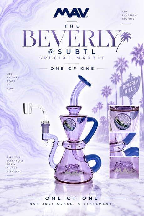MAV Glass Beverly SUBTL x BELSAR 9" recycler dab rig, one of one product poster with purple rig and banger