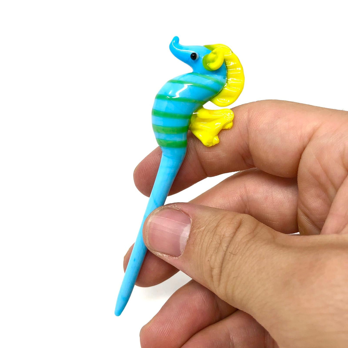 AFM Seahorse Glass Dabber Tool in hand, vibrant blue and yellow stripes, perfect for dab rigs